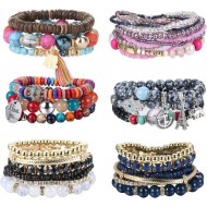 6 Sets Bohemian Stackable Bracelets For Women Multilayered Bead Bracelet Set Boho Stretch Strand Bangles Multicolor Fashion